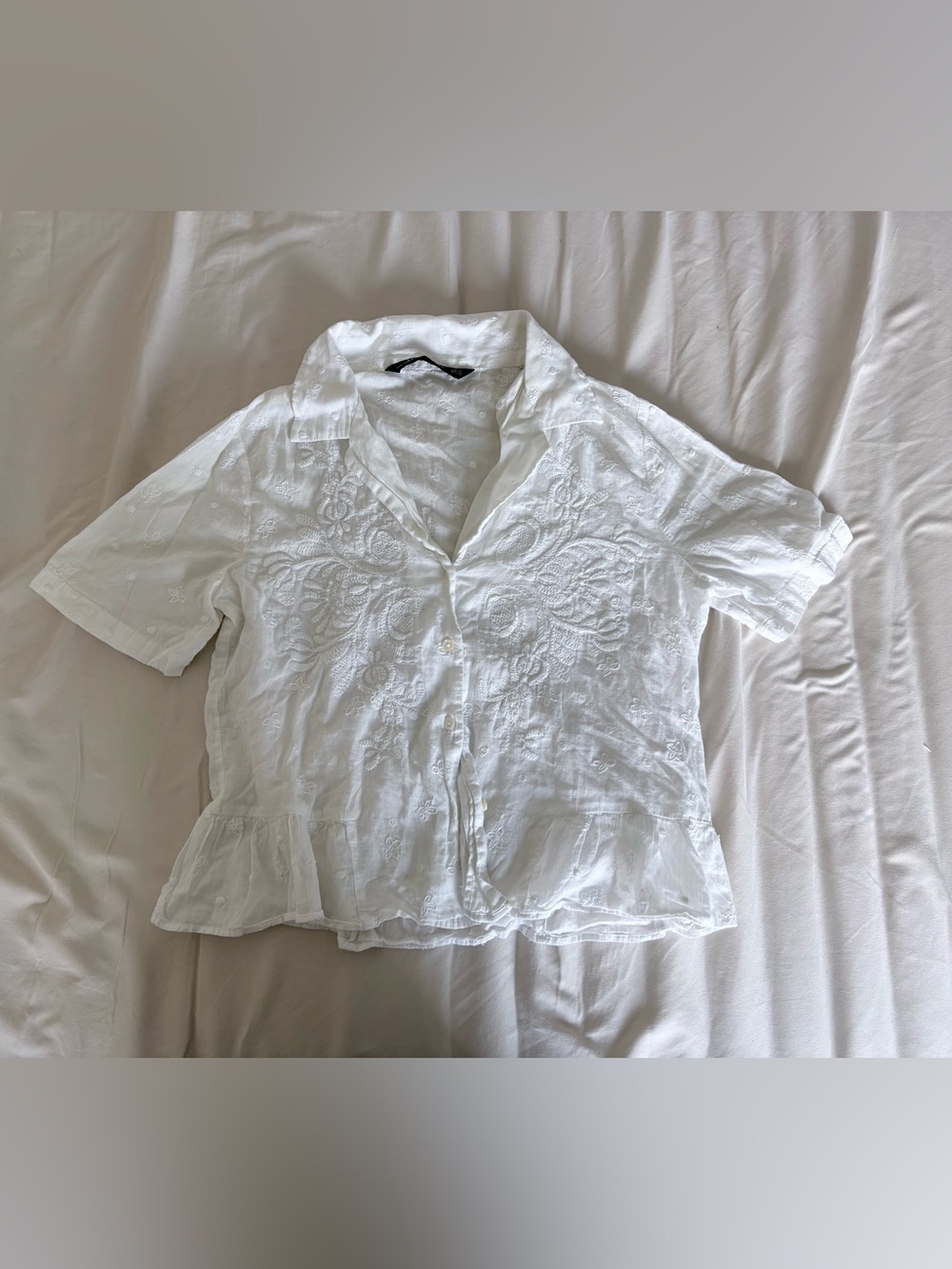 Zara White Embroidered Button-Down Peplum Shirt